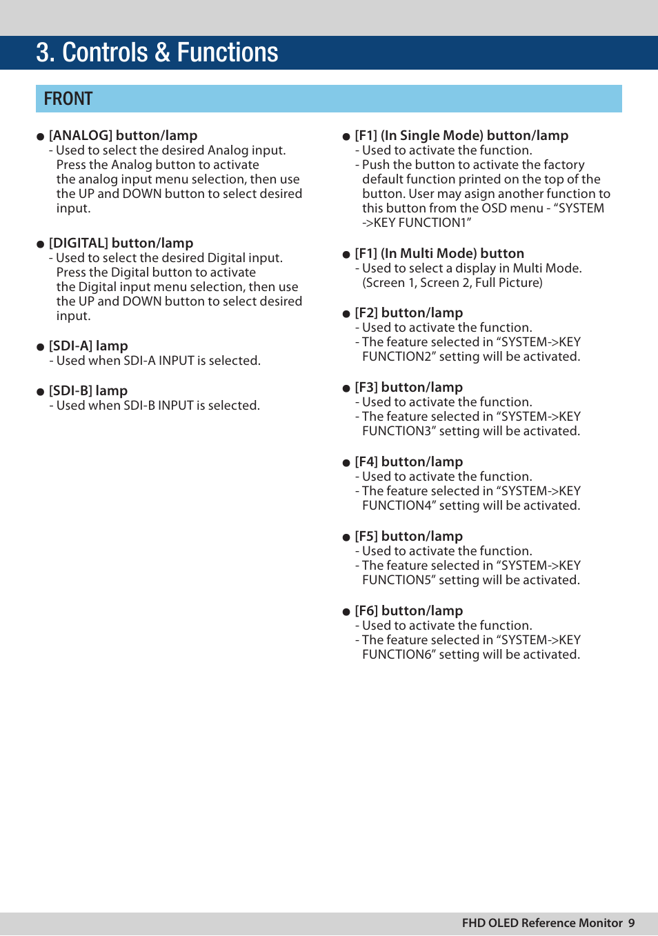 Controls & functions, Front | TVLogic LEM-250C User Manual | Page 9 / 44