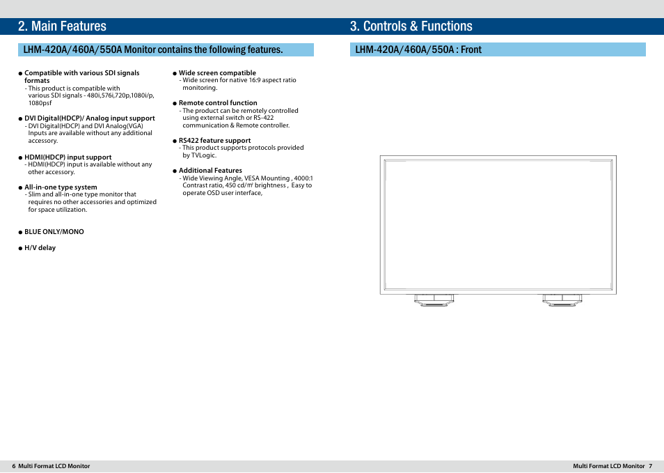 Main features 3. controls & functions | TVLogic LHM-420A User Manual | Page 4 / 13