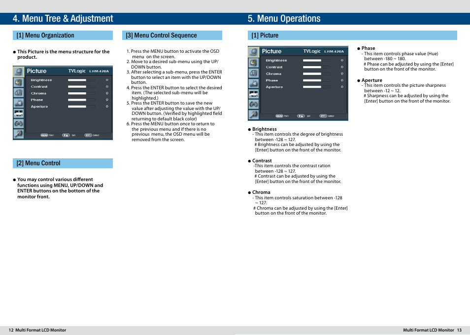 Menu tree & adjustment, Menu operations, 1] menu organization [2] menu control | 3] menu control sequence, 1] picture | TVLogic LHM-420A User Manual | Page 7 / 13
