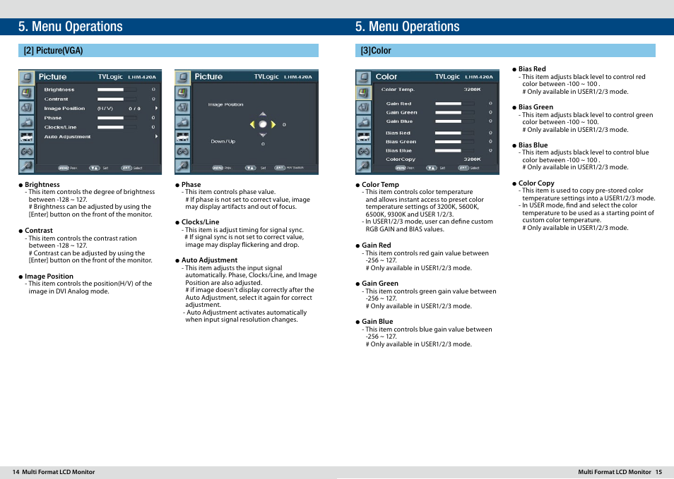 Menu operations, 2] picture(vga), 3]color | TVLogic LHM-420A User Manual | Page 8 / 13