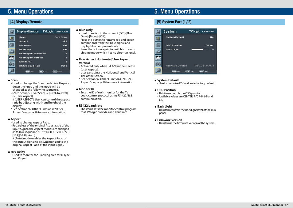 Menu operations, 4] display/remote, 5] system part (1/2) | TVLogic LHM-420A User Manual | Page 9 / 13