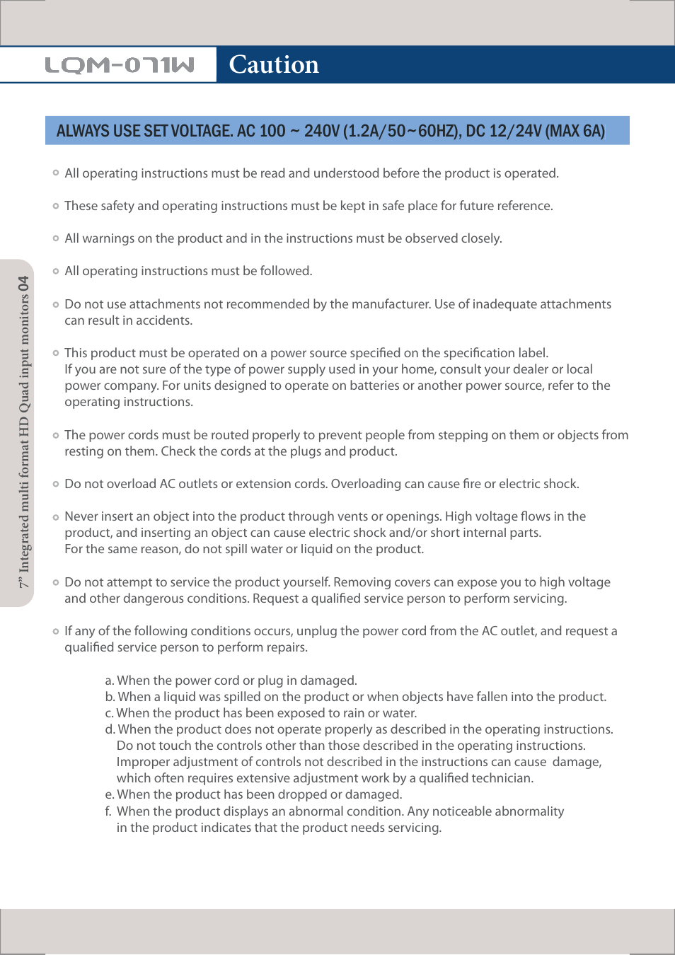 Caution, Lqm-071w | TVLogic LQM-071W User Manual | Page 4 / 24