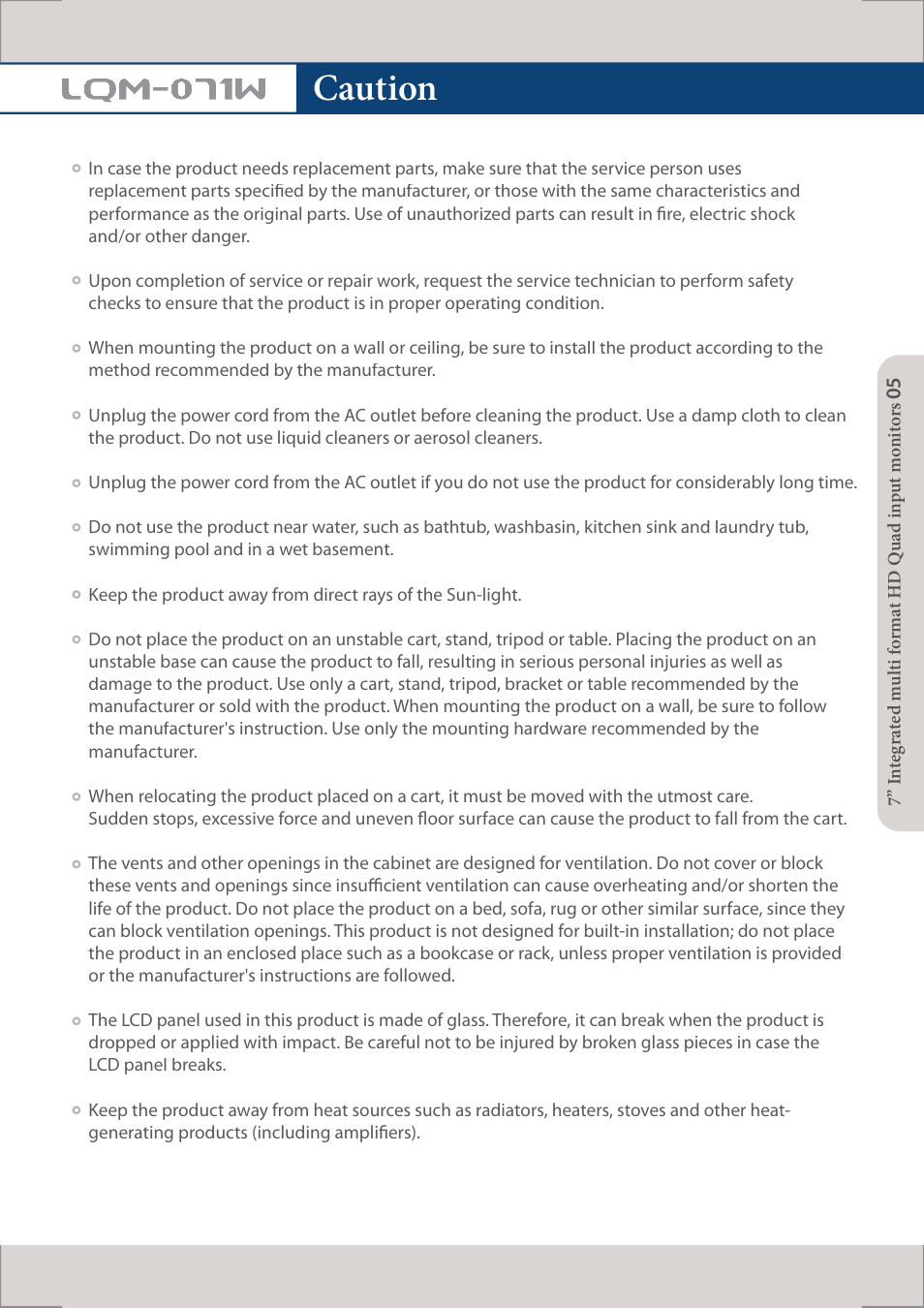 Caution, Lqm-071w | TVLogic LQM-071W User Manual | Page 5 / 24