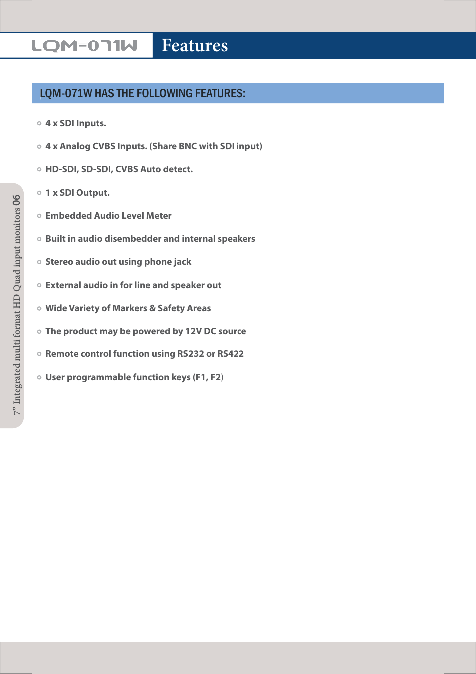 Features, Lqm-071w, Lqm-071w has the following features | TVLogic LQM-071W User Manual | Page 6 / 24