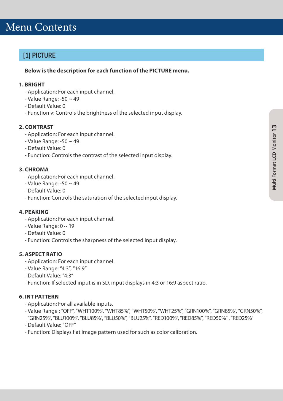 Menu contents, 1] picture | TVLogic LQM-171W User Manual | Page 13 / 28