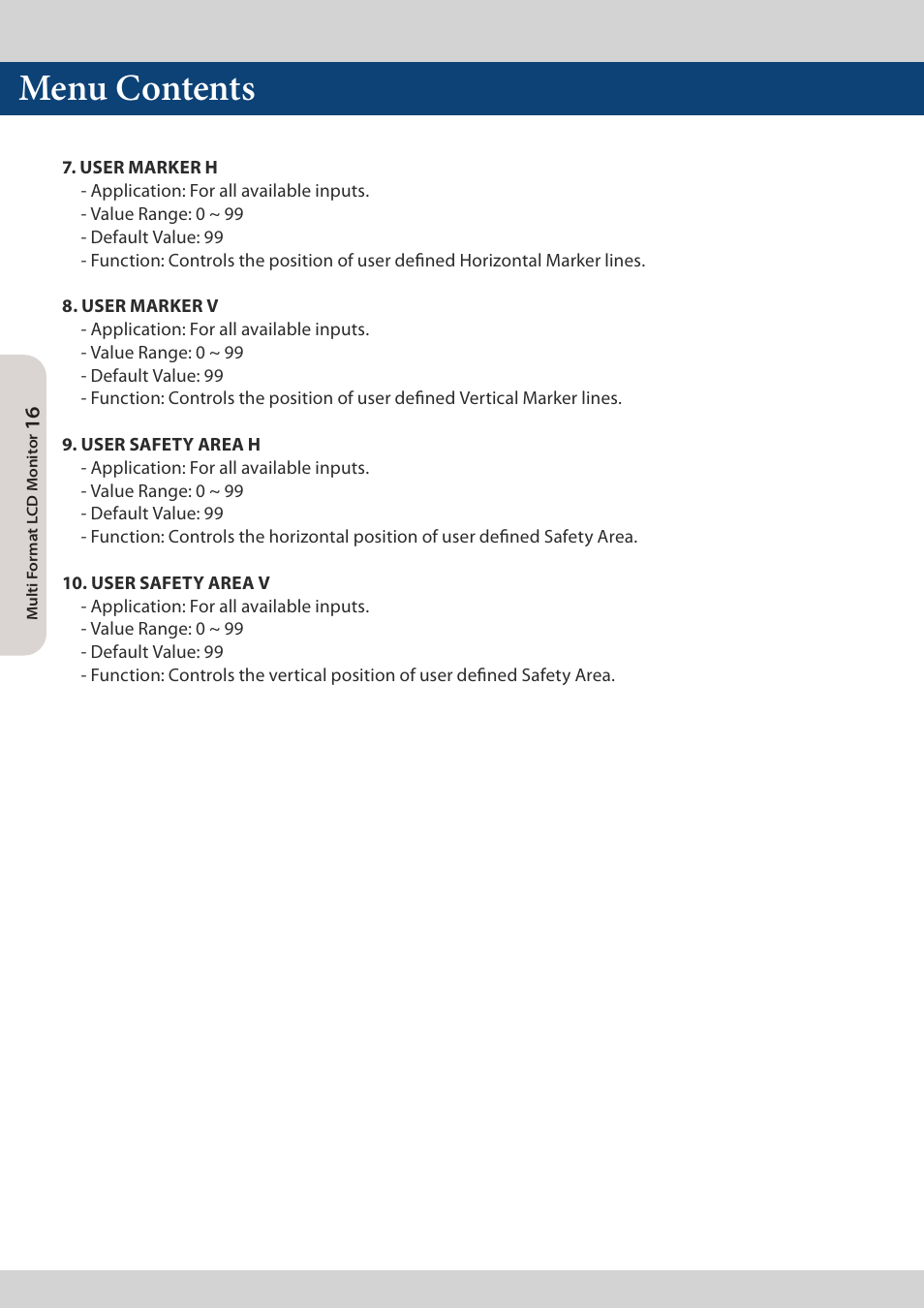 Menu contents | TVLogic LQM-171W User Manual | Page 16 / 28