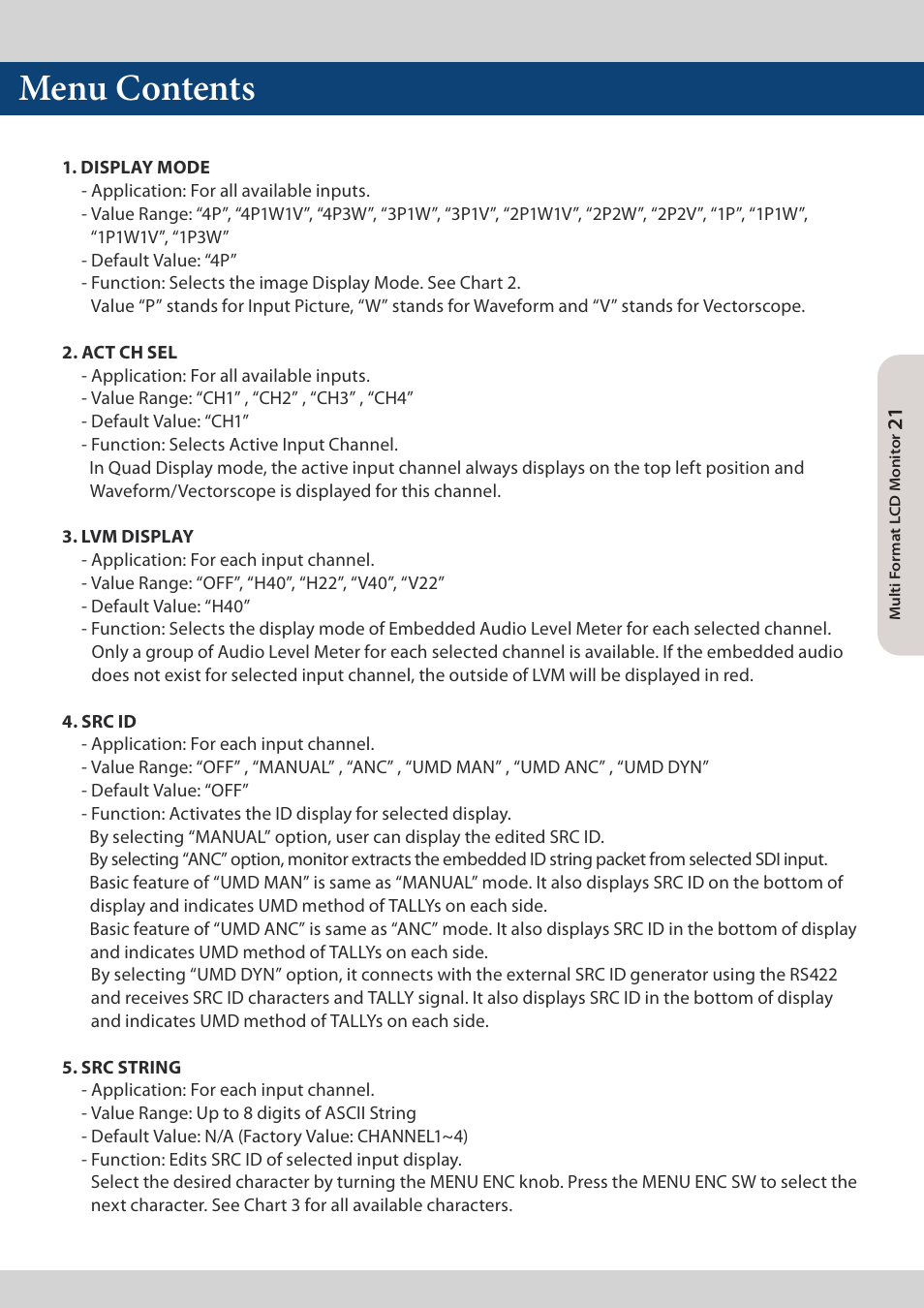 Menu contents | TVLogic LQM-171W User Manual | Page 21 / 28