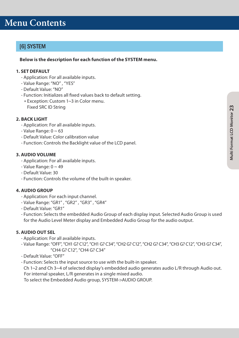 Menu contents, 6] system | TVLogic LQM-171W User Manual | Page 23 / 28