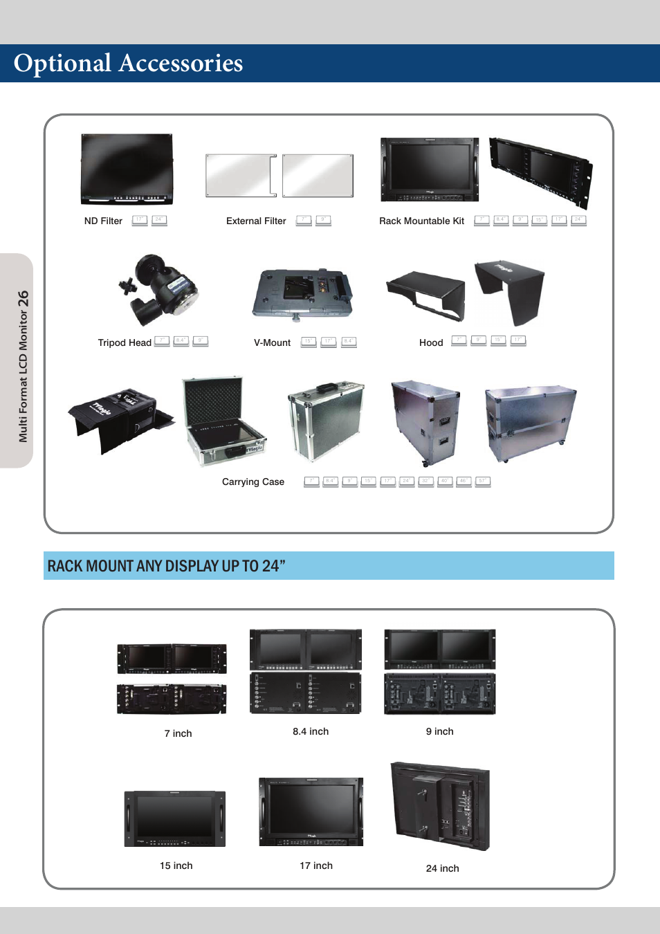 Optional accessories, Rack mount any display up to 24, Multi f orma t l cd m onit or | TVLogic LQM-171W User Manual | Page 26 / 28