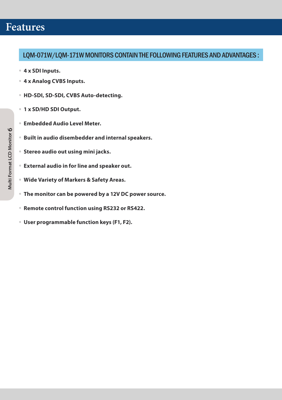 Features | TVLogic LQM-171W User Manual | Page 6 / 28