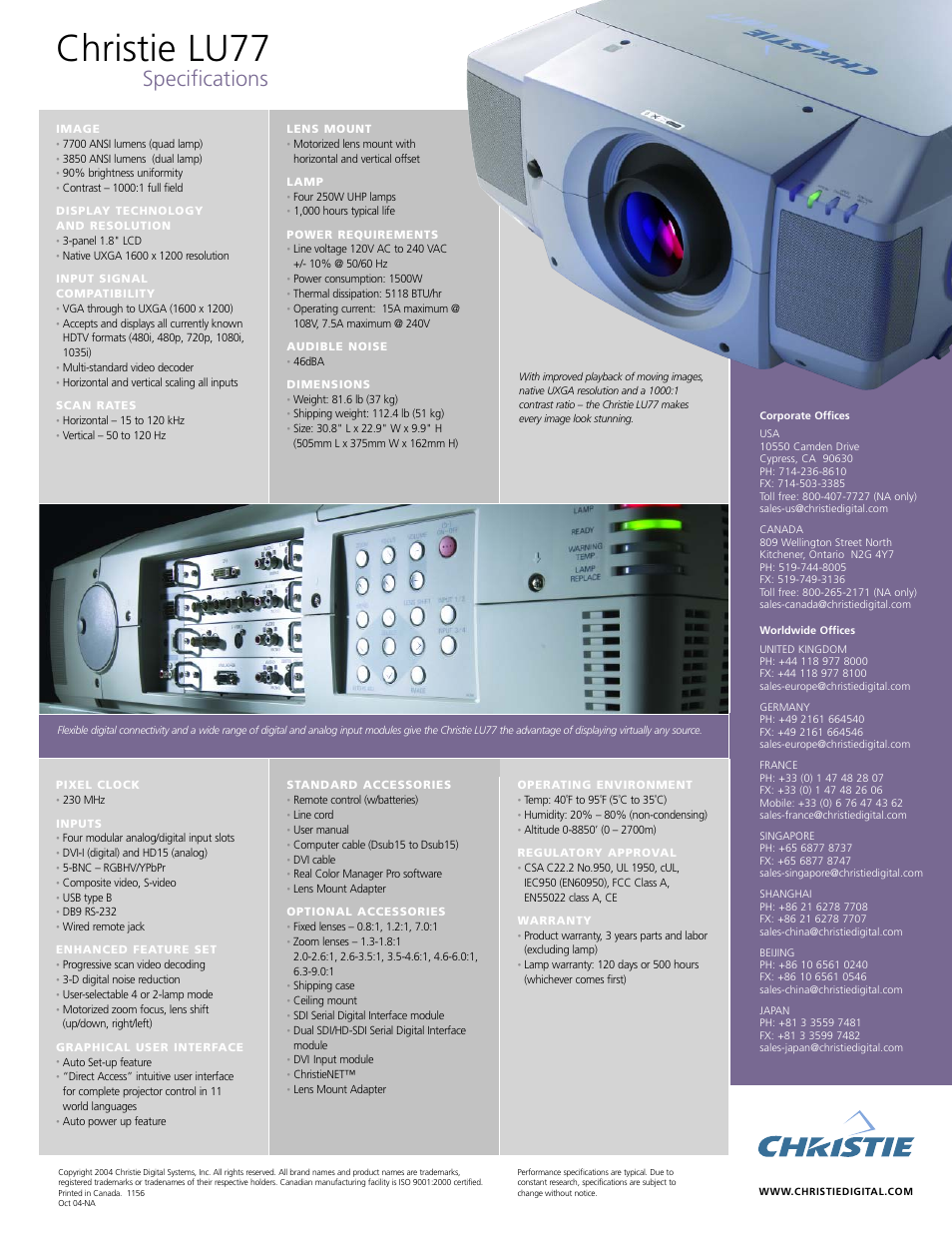Christie lu77, Specifications | Christie Digital Systems Christie LU77 User Manual | Page 2 / 2