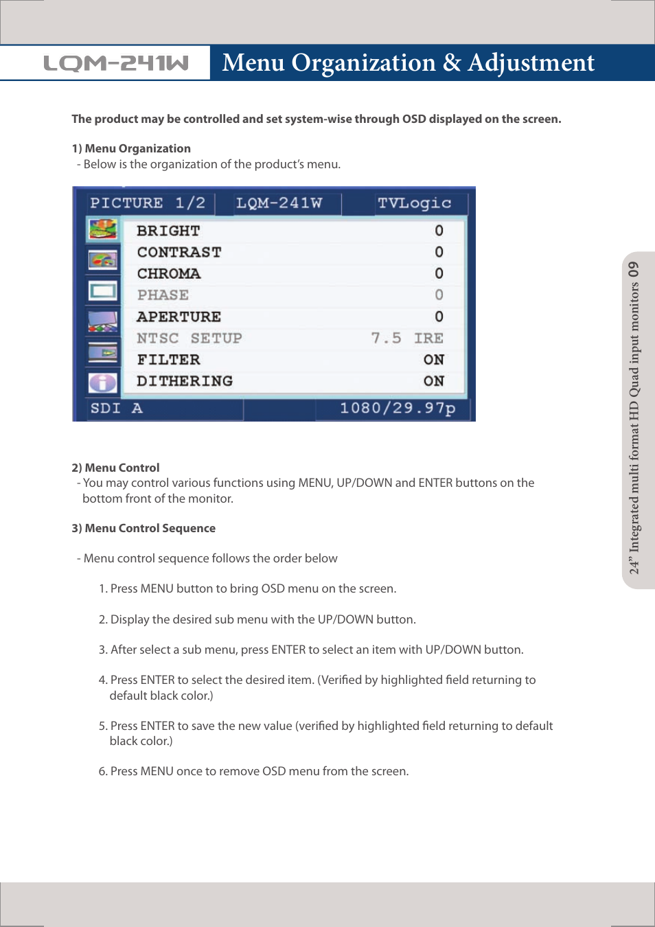 Menu organization & adjustment, Lqm-241w | TVLogic LQM-241W User Manual | Page 11 / 27