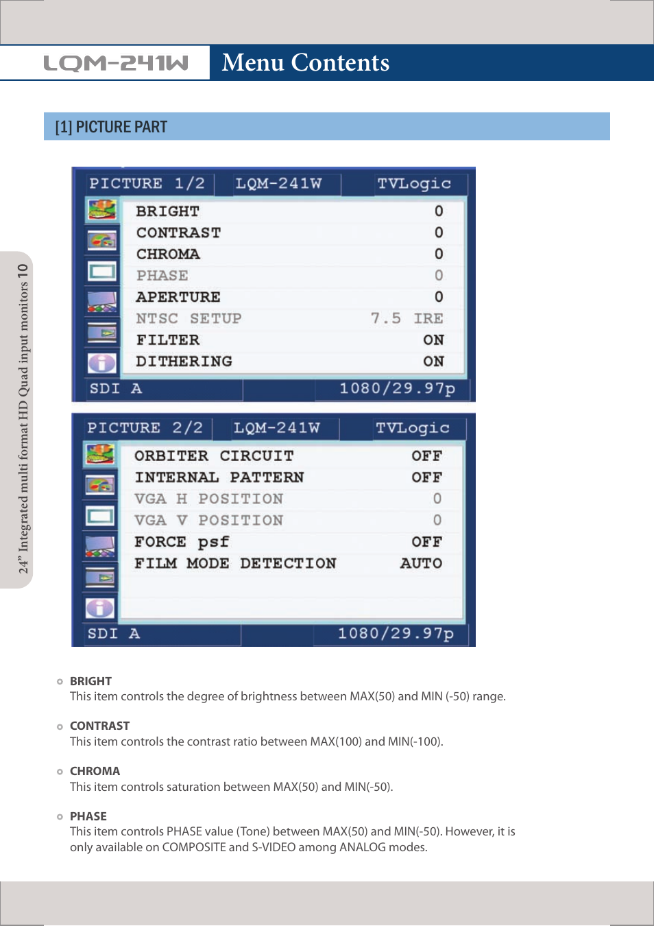 Menu contents, Lqm-241w, 1] picture part | TVLogic LQM-241W User Manual | Page 12 / 27