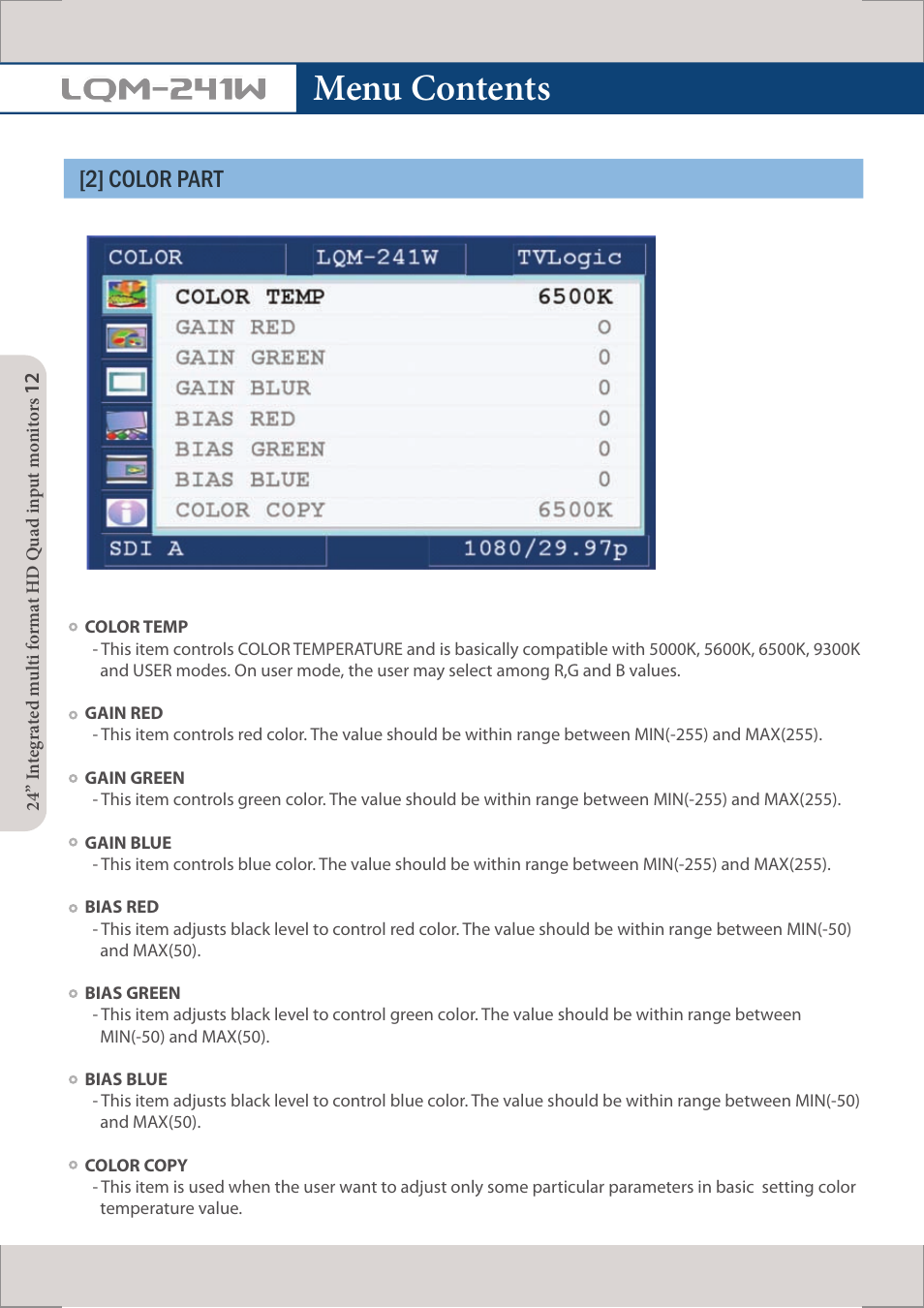 Menu contents, Lqm-241w, 2] color part | TVLogic LQM-241W User Manual | Page 14 / 27