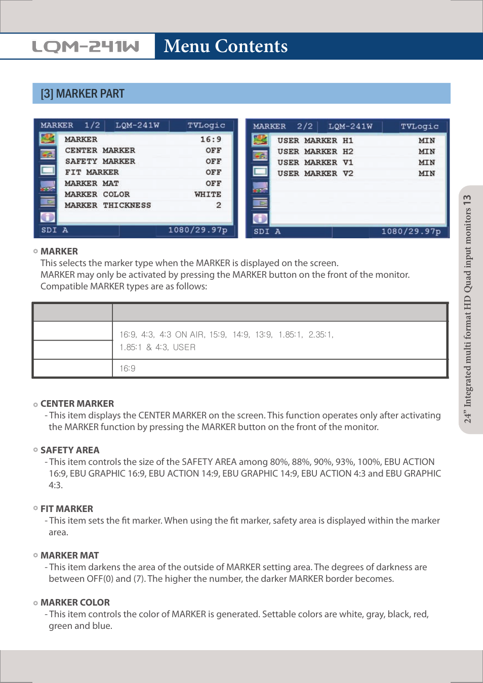 Menu contents, Lqm-241w, 3] marker part | TVLogic LQM-241W User Manual | Page 15 / 27