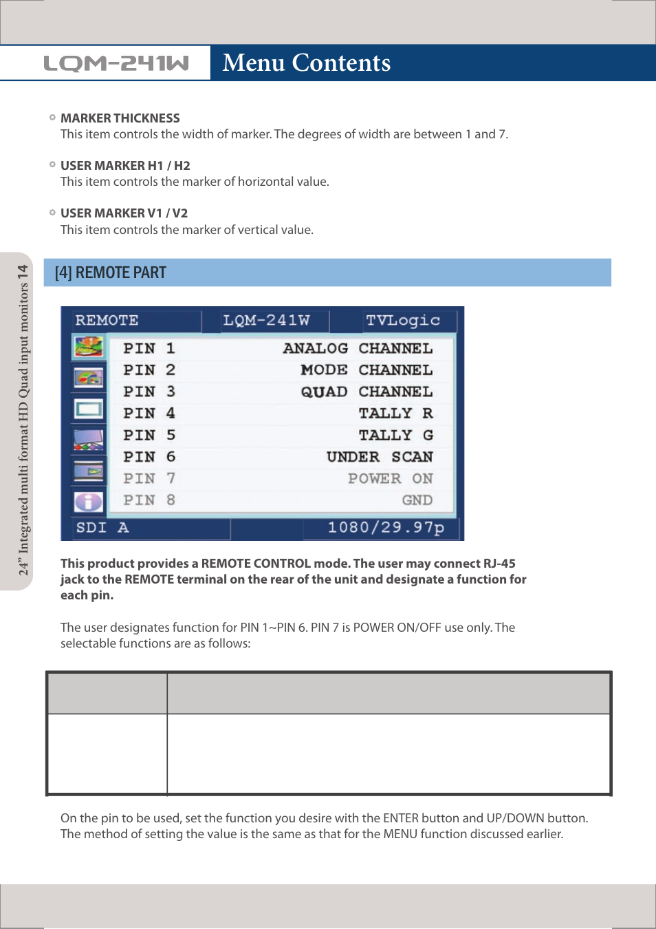 Menu contents, Lqm-241w, 4] remote part | TVLogic LQM-241W User Manual | Page 16 / 27