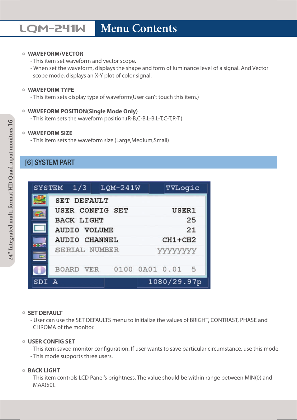 Menu contents, Lqm-241w, 6] system part | TVLogic LQM-241W User Manual | Page 18 / 27