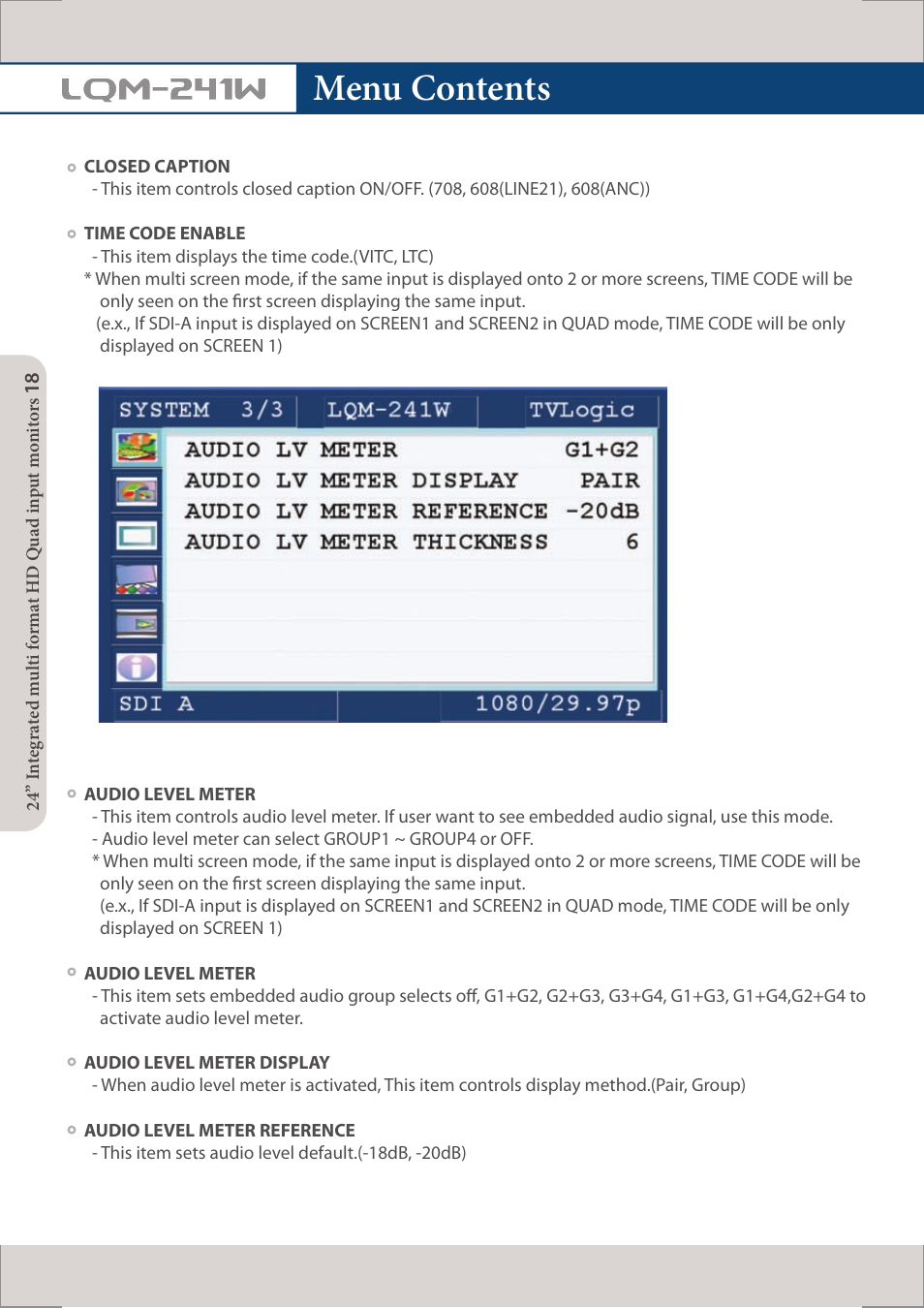 Menu contents, Lqm-241w | TVLogic LQM-241W User Manual | Page 20 / 27