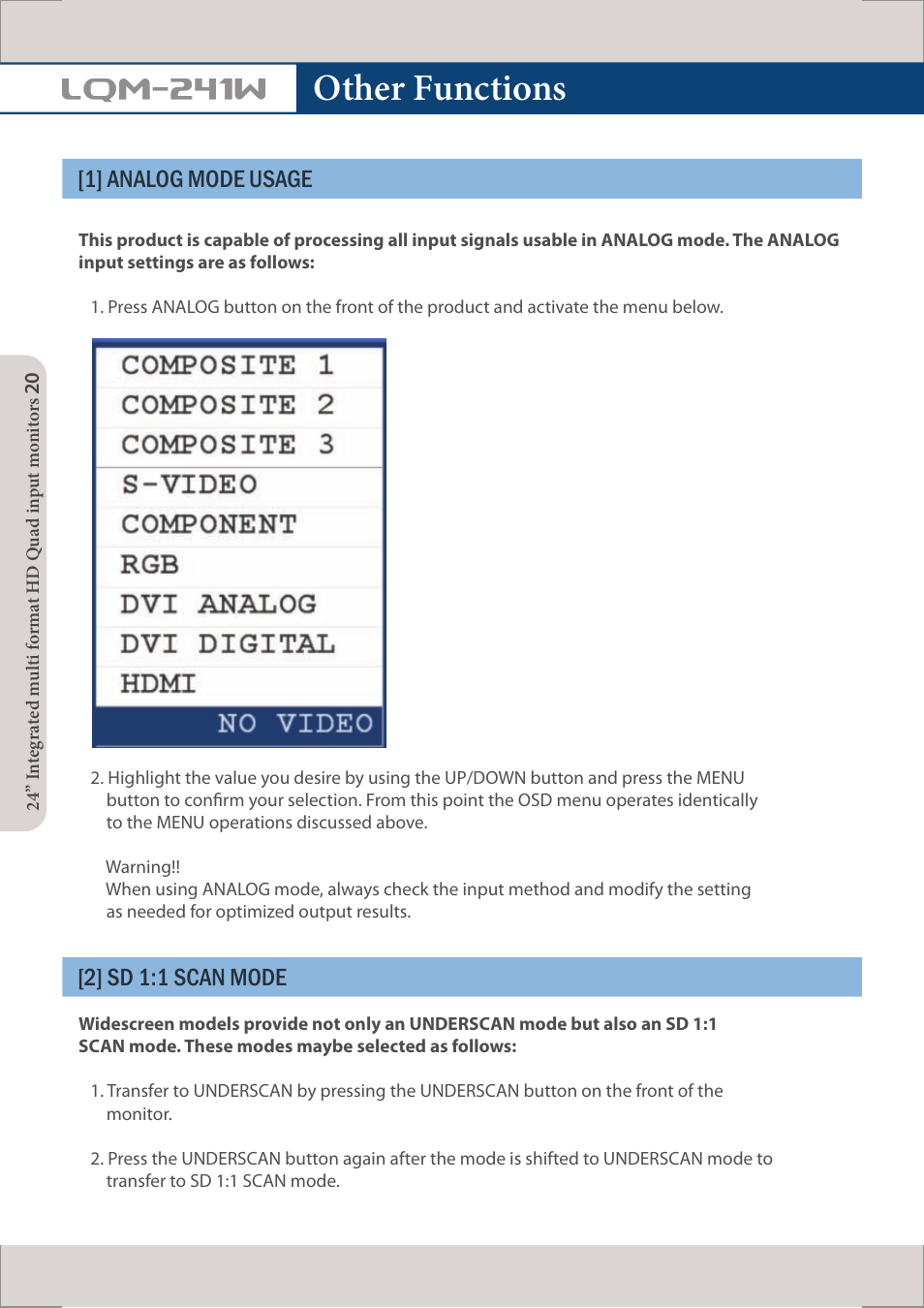 Other functions, Lqm-241w, 1] analog mode usage [2] sd 1:1 scan mode | TVLogic LQM-241W User Manual | Page 22 / 27