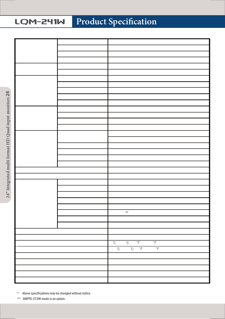 Product specification, Lqm-241w | TVLogic LQM-241W User Manual | Page 26 / 27