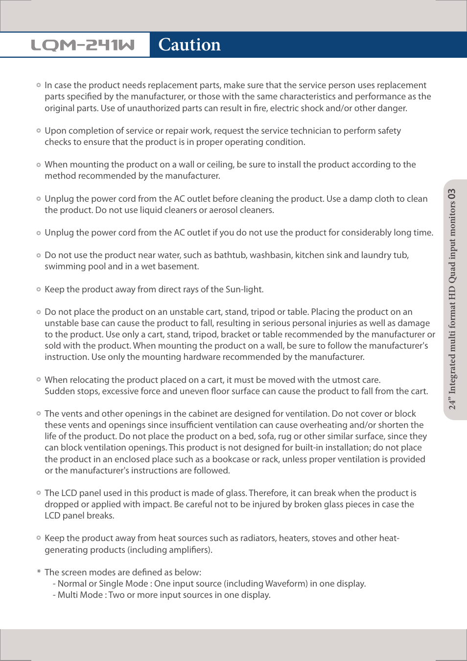 Caution, Lqm-241w | TVLogic LQM-241W User Manual | Page 5 / 27