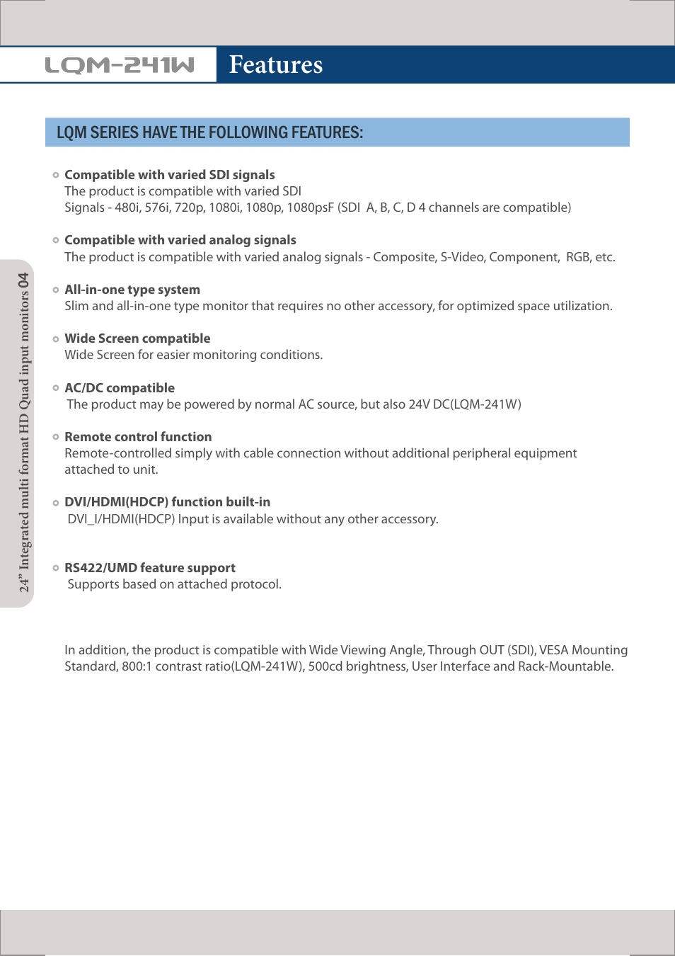 Features, Lqm-241w, Lqm series have the following features | TVLogic LQM-241W User Manual | Page 6 / 27
