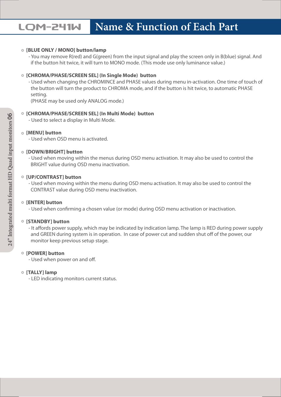 Name & function of each part, Lqm-241w | TVLogic LQM-241W User Manual | Page 8 / 27