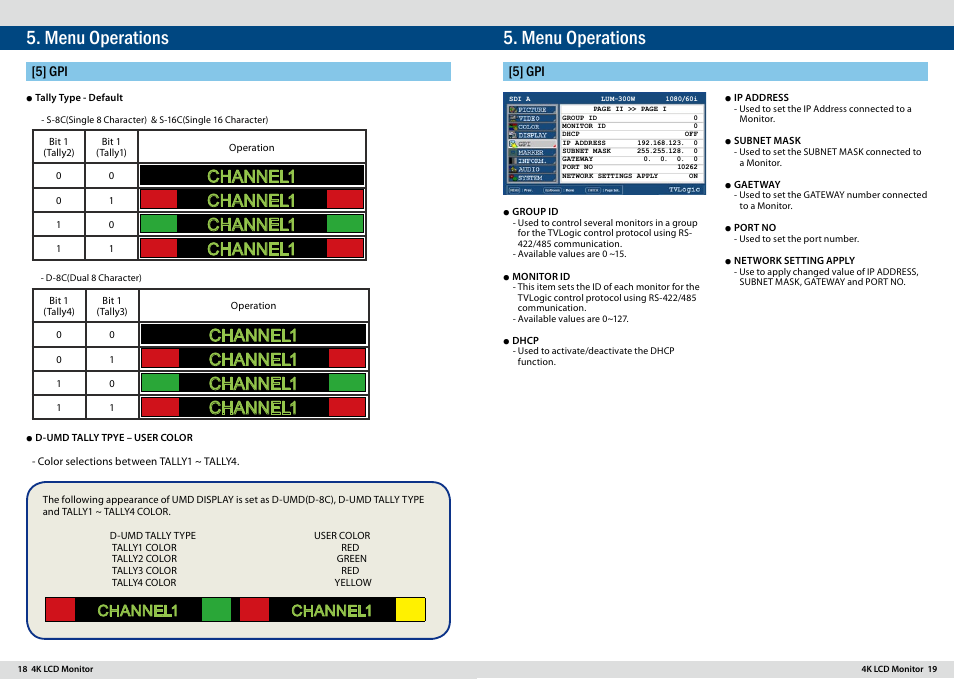 Menu operations, Channel1, Channel1 channel1 | 5] gpi | TVLogic LUM-300W User Manual | Page 10 / 17