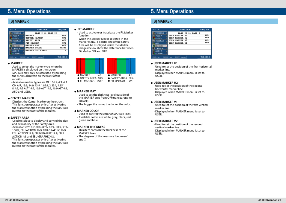 Menu operations, 6] marker | TVLogic LUM-300W User Manual | Page 11 / 17