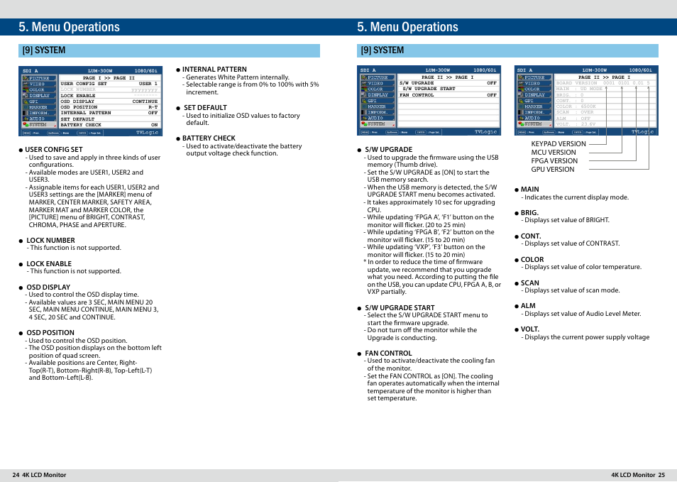 Menu operations, 9] system | TVLogic LUM-300W User Manual | Page 13 / 17
