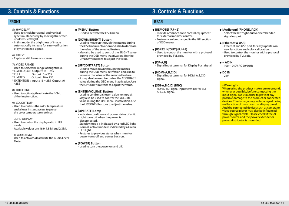 Controls & functions, Front, Rear | TVLogic LUM-300W User Manual | Page 6 / 17