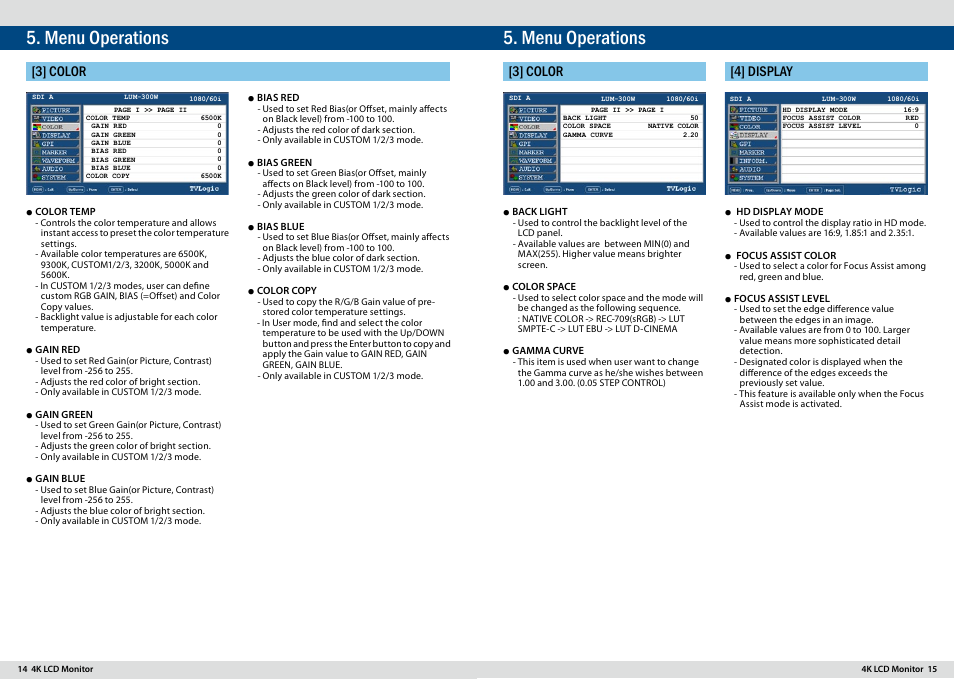 Menu operations, 3] color, 3] color [4] display | TVLogic LUM-300W User Manual | Page 8 / 17