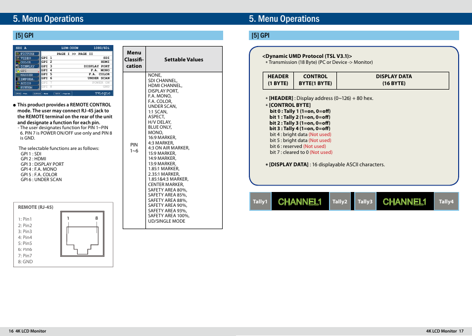 Menu operations, Channel1, 5] gpi | TVLogic LUM-300W User Manual | Page 9 / 17