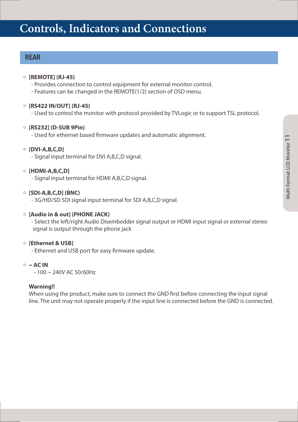 Controls, indicators and connections, Rear | TVLogic LUM-560W (4K) User Manual | Page 11 / 34