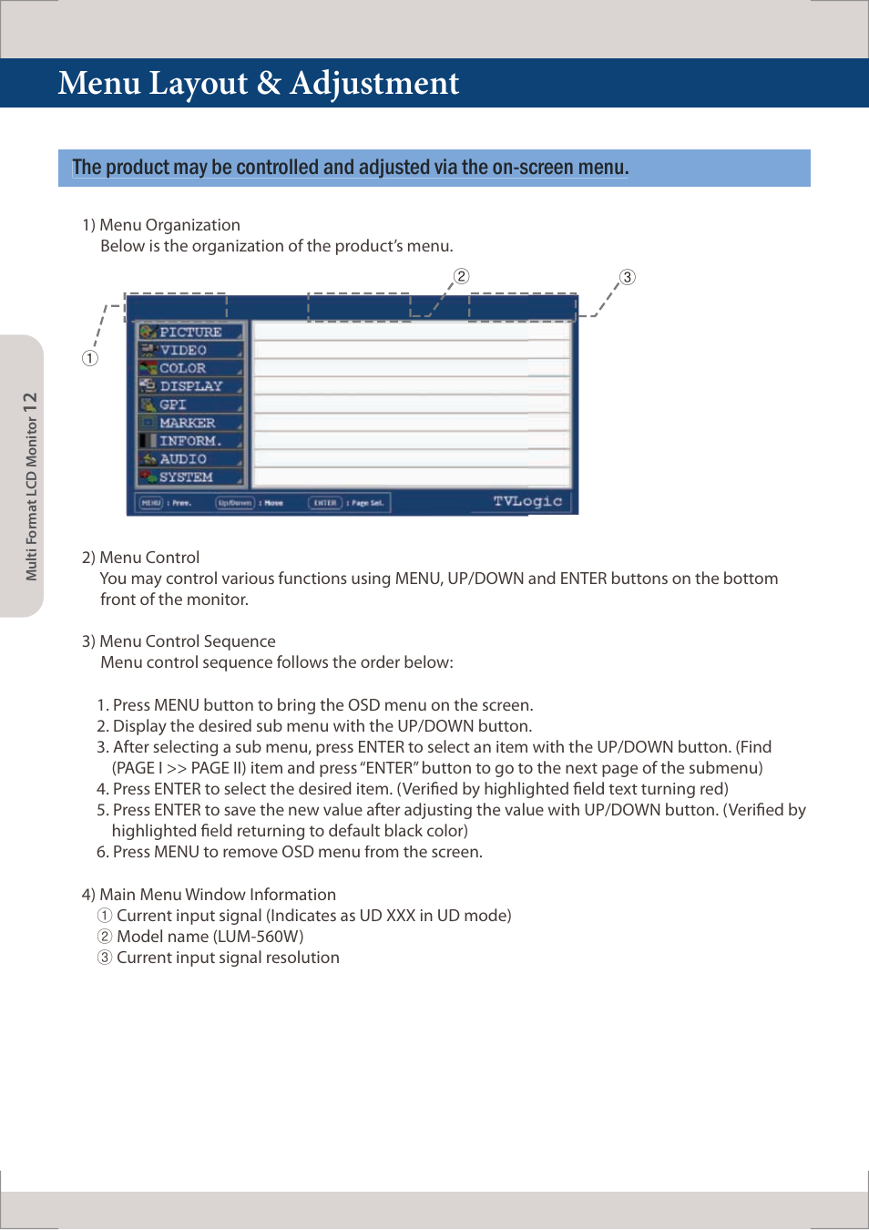 Menu layout & adjustment | TVLogic LUM-560W (4K) User Manual | Page 12 / 34