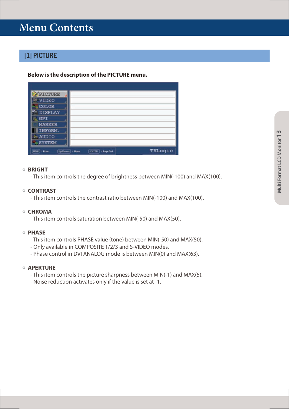 Menu contents, 1] picture | TVLogic LUM-560W (4K) User Manual | Page 13 / 34