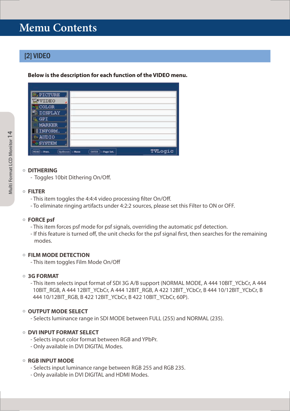 Memu contents, 2] video | TVLogic LUM-560W (4K) User Manual | Page 14 / 34