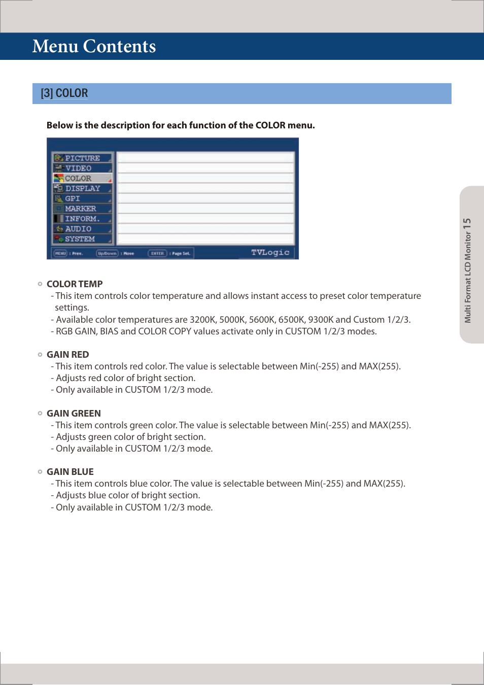 Menu contents, 3] color | TVLogic LUM-560W (4K) User Manual | Page 15 / 34