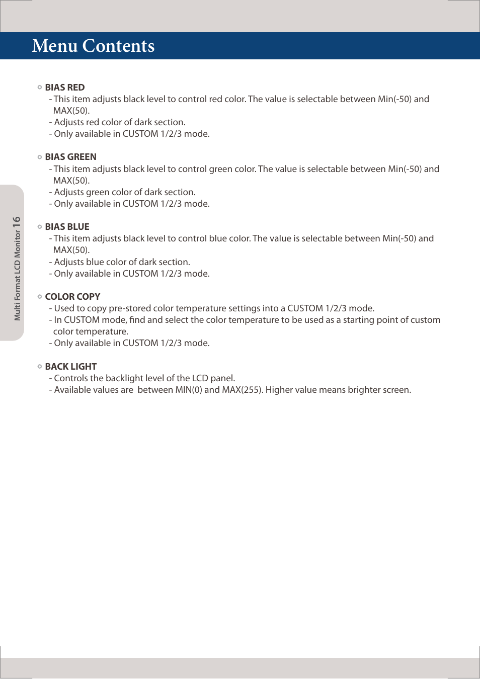 Menu contents | TVLogic LUM-560W (4K) User Manual | Page 16 / 34