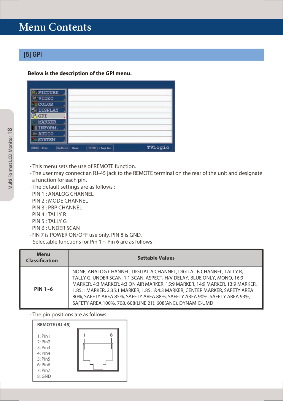 Menu contents, 5] gpi | TVLogic LUM-560W (4K) User Manual | Page 18 / 34