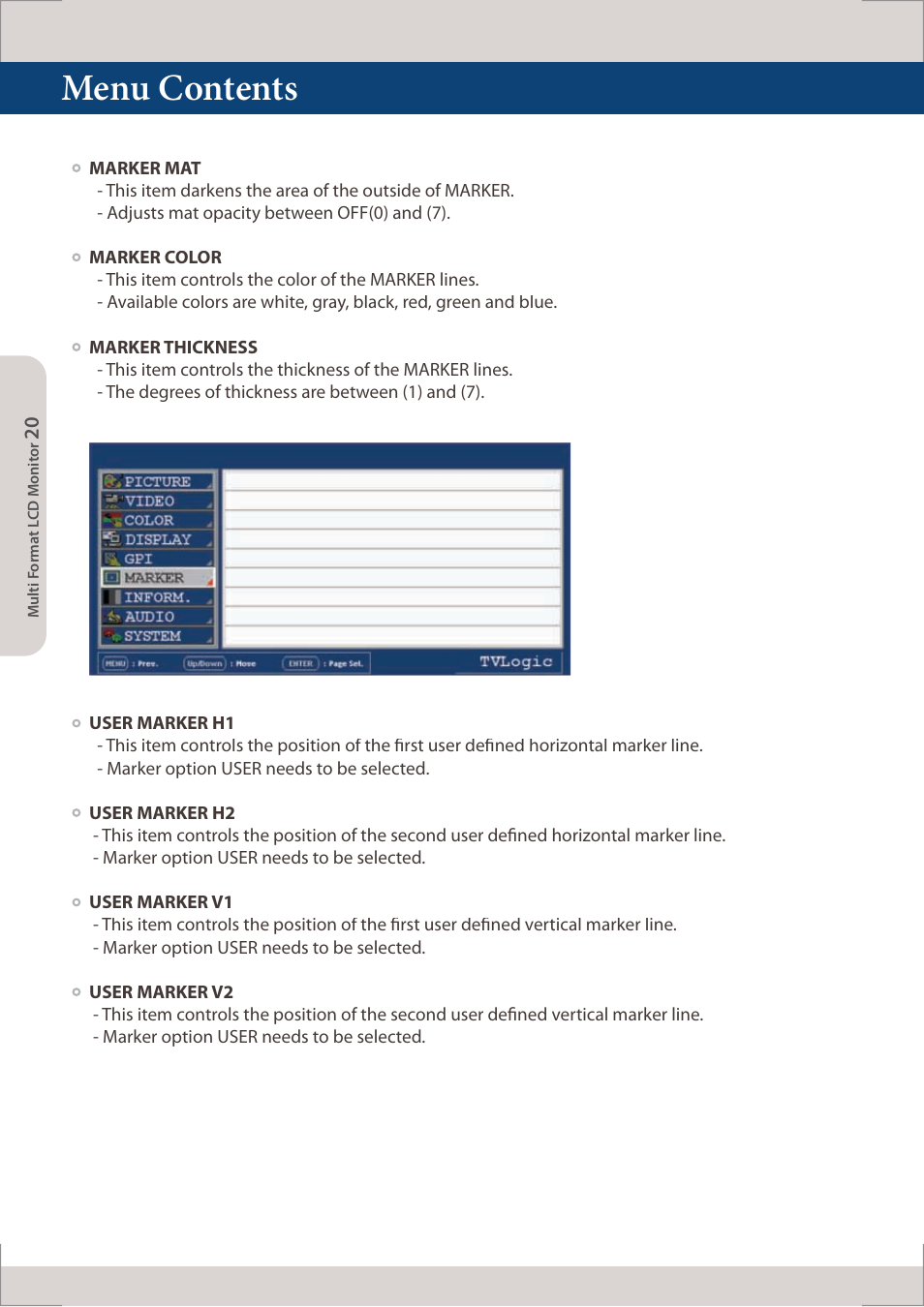 Menu contents | TVLogic LUM-560W (4K) User Manual | Page 20 / 34