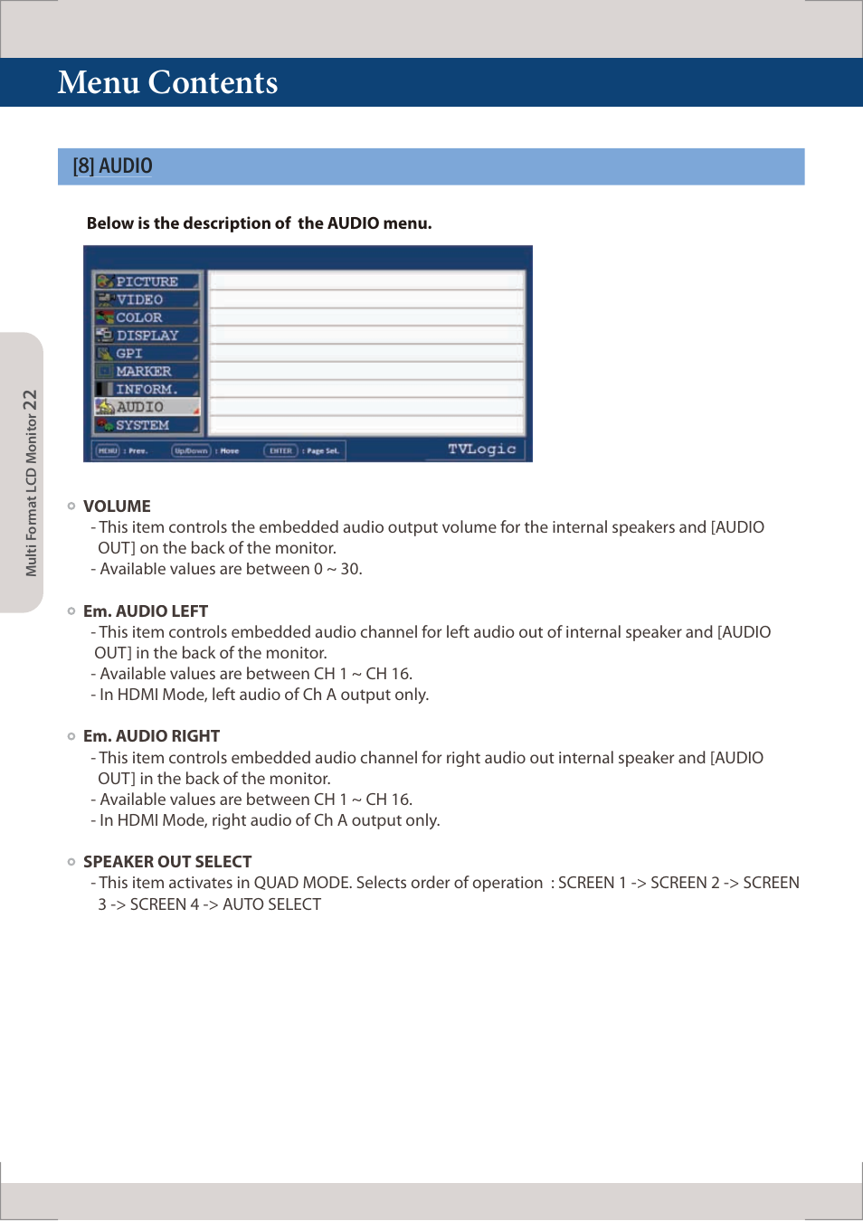 Menu contents, 8] audio | TVLogic LUM-560W (4K) User Manual | Page 22 / 34