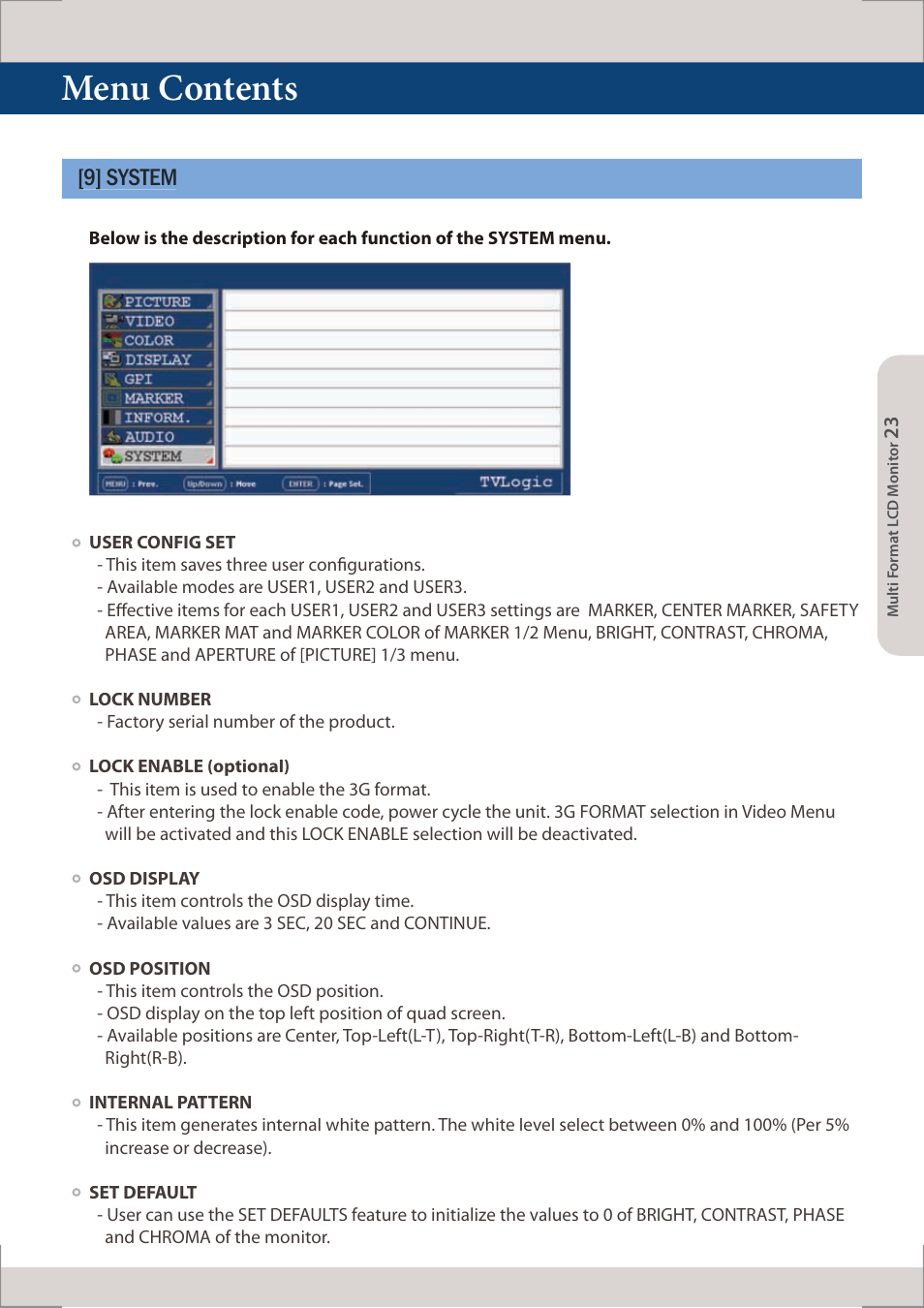 Menu contents, 9] system | TVLogic LUM-560W (4K) User Manual | Page 23 / 34