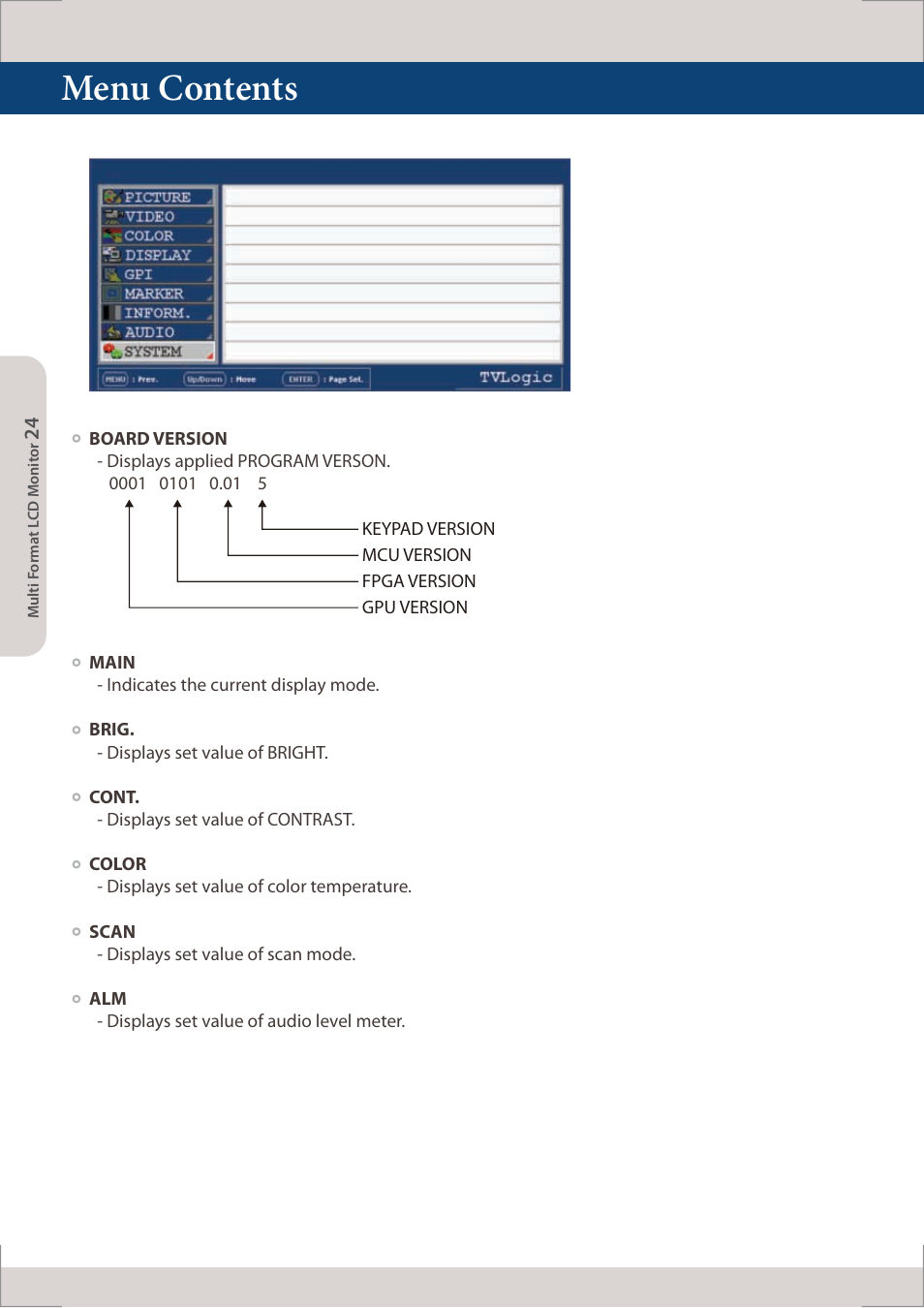 Menu contents | TVLogic LUM-560W (4K) User Manual | Page 24 / 34