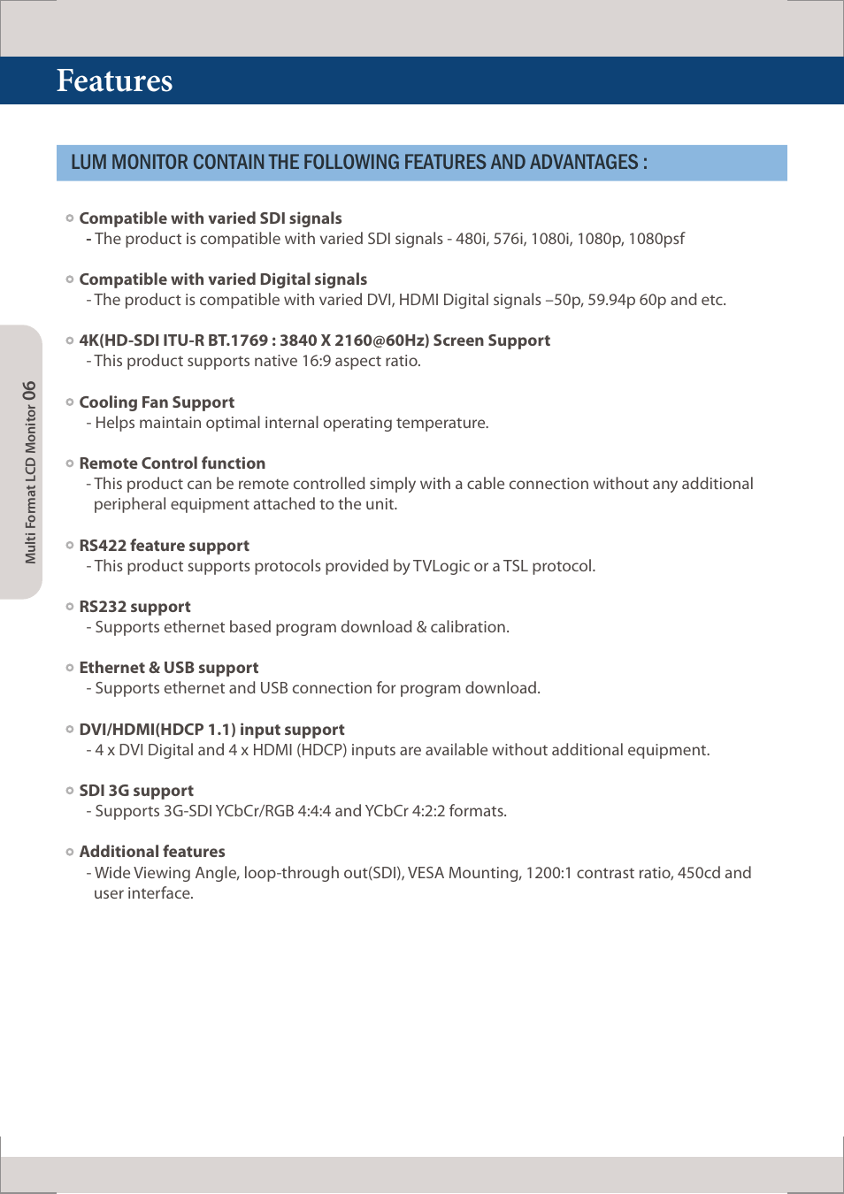 Features | TVLogic LUM-560W (4K) User Manual | Page 6 / 34