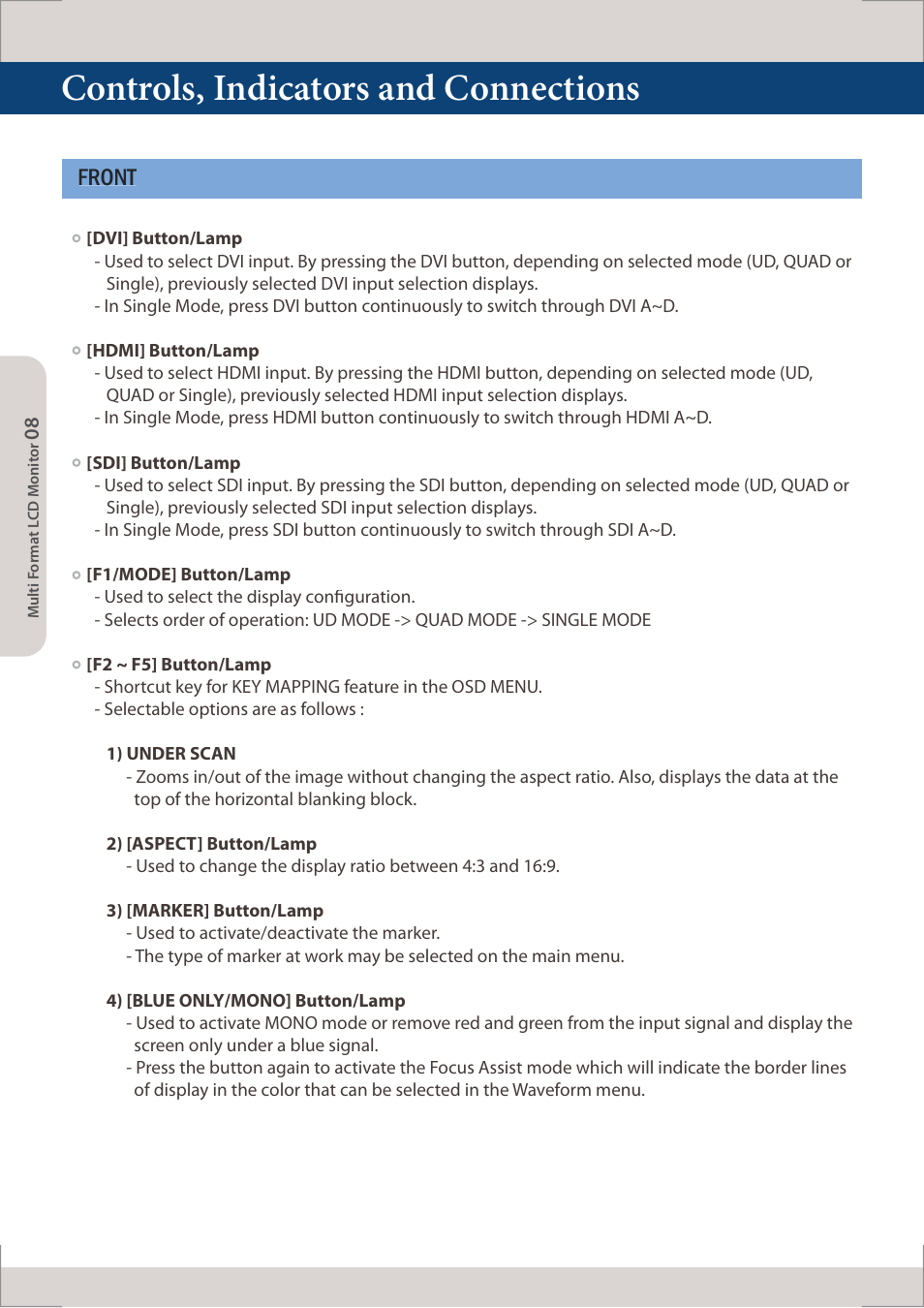 Controls, indicators and connections, Front | TVLogic LUM-560W (4K) User Manual | Page 8 / 34