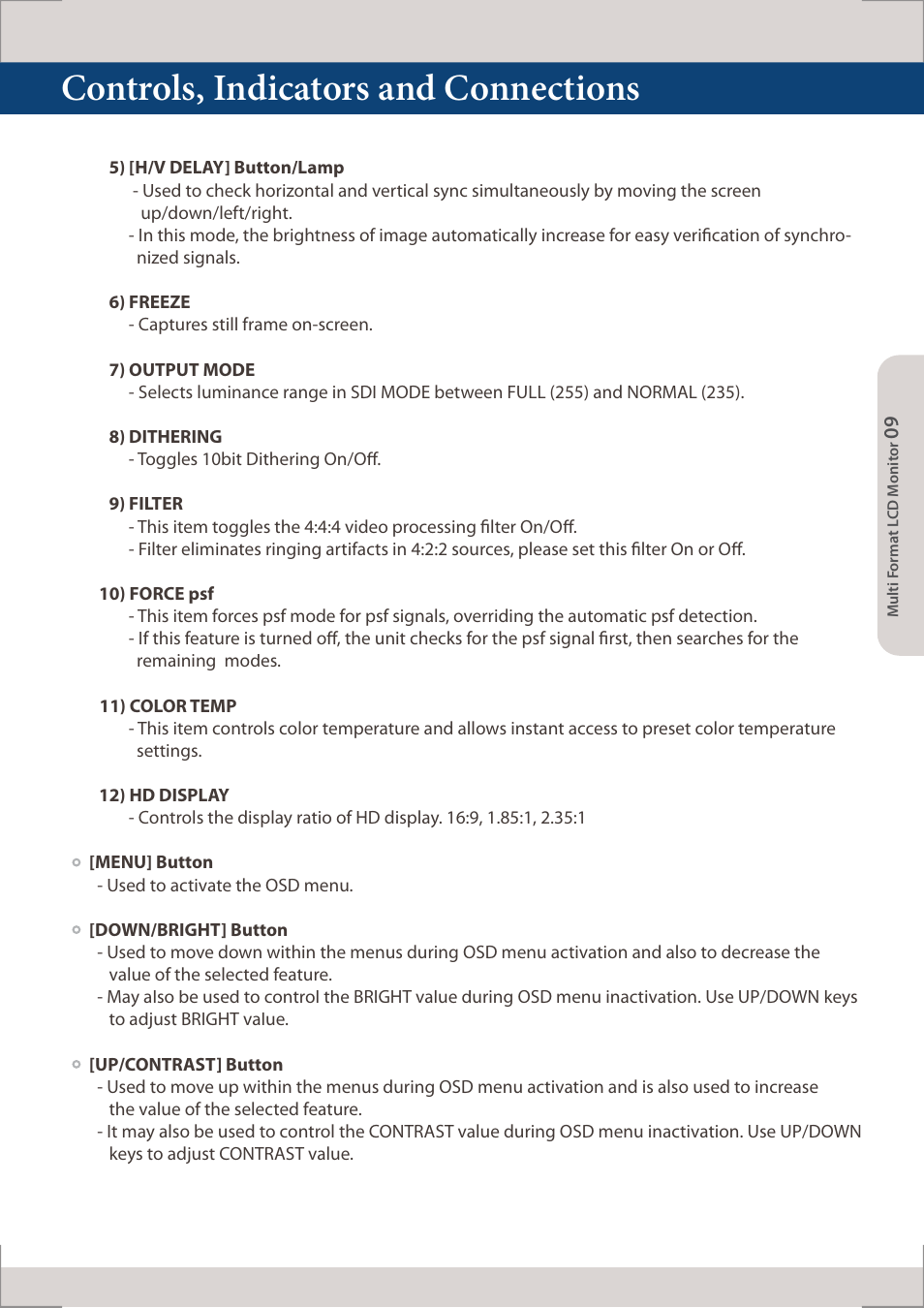 Controls, indicators and connections | TVLogic LUM-560W (4K) User Manual | Page 9 / 34