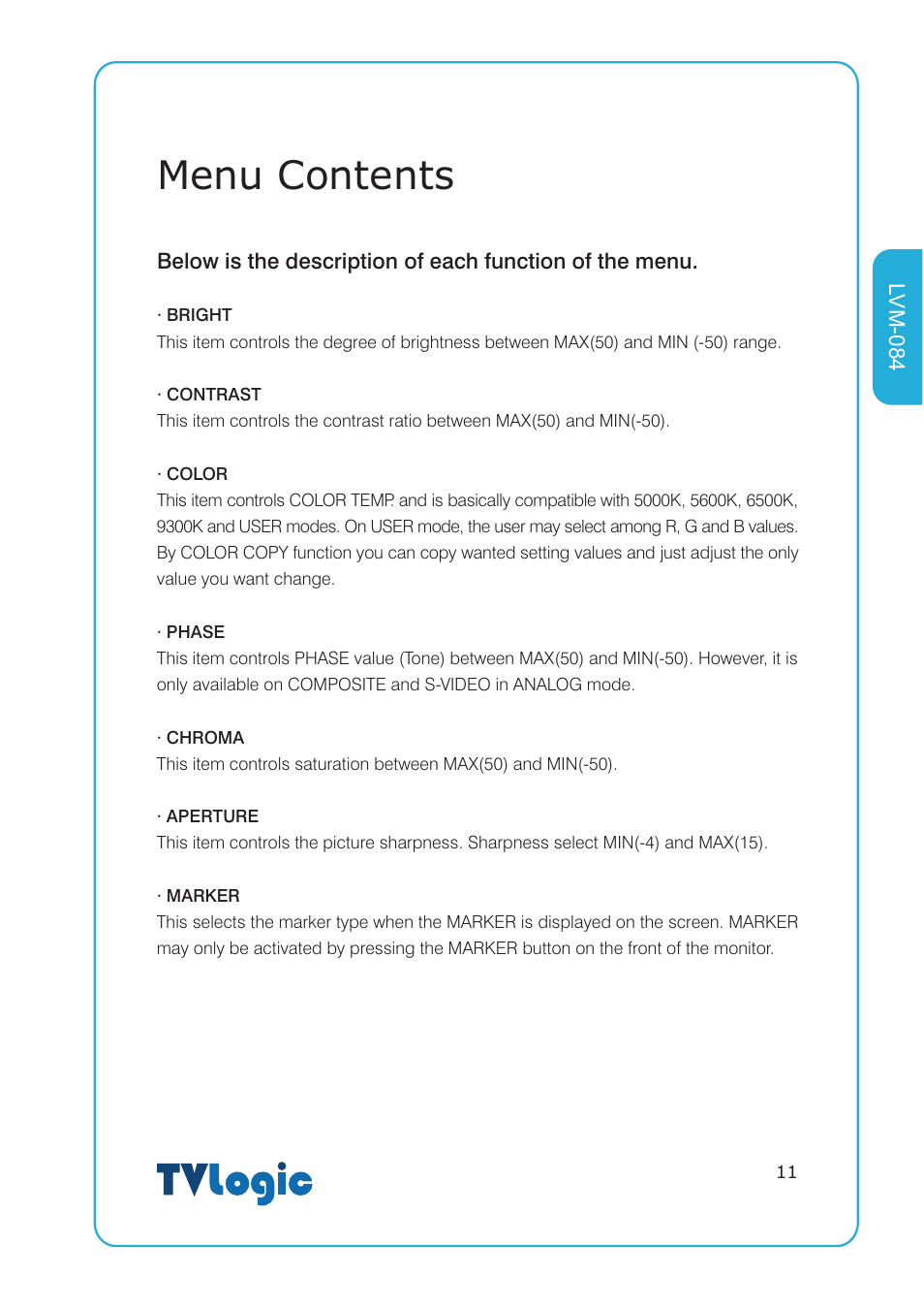 Menu contents | TVLogic LVM-084 User Manual | Page 11 / 24