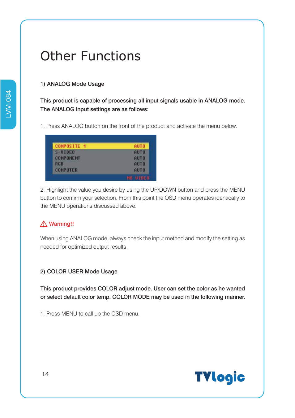 Other functions | TVLogic LVM-084 User Manual | Page 14 / 24