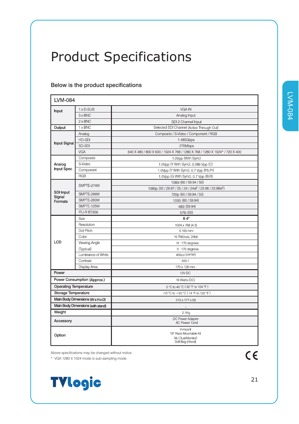 Product specifications | TVLogic LVM-084 User Manual | Page 21 / 24